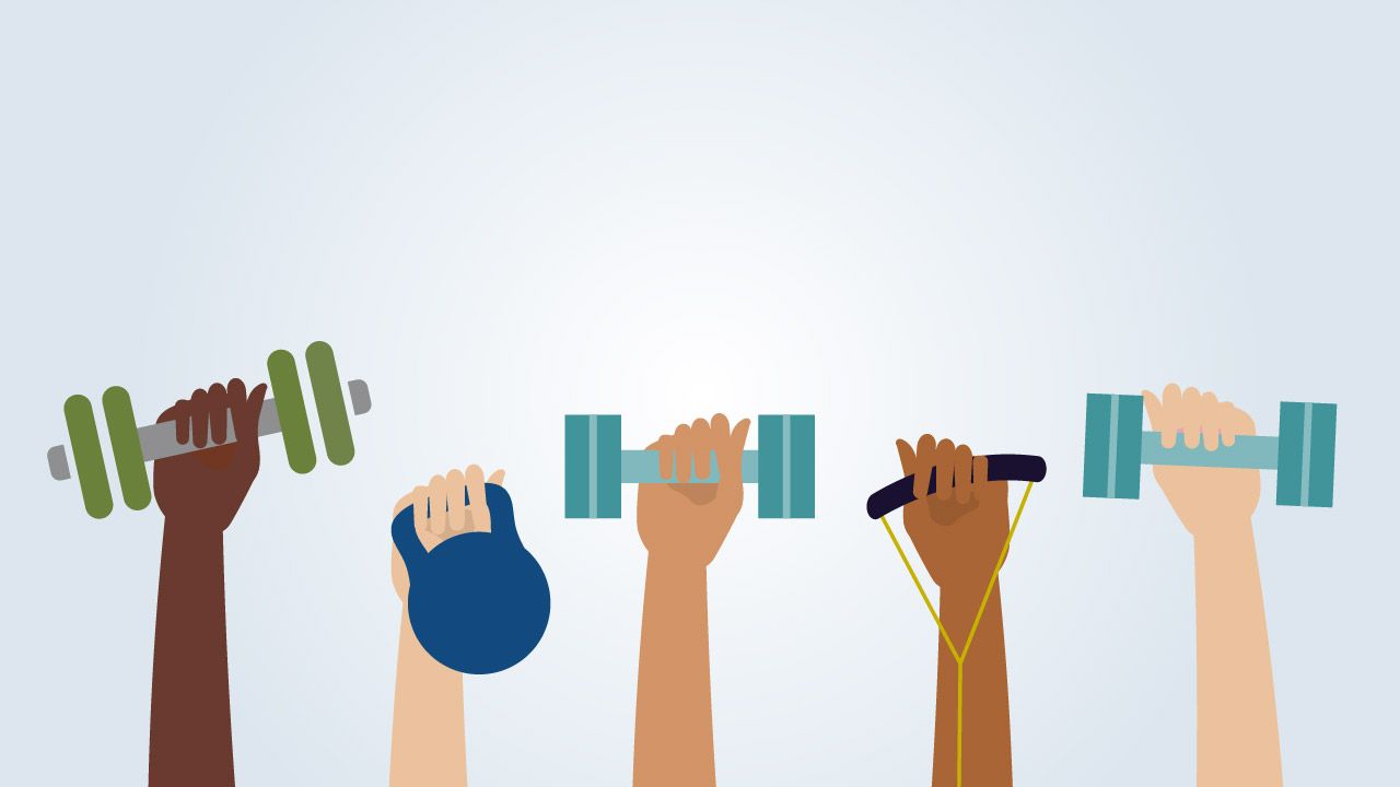 Illustration of people using dumbbells, a kettlebell and a resistance band for strength training.