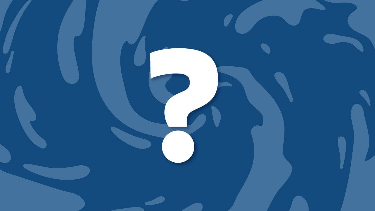 White question mark over a blue illustration of swirling toilet water