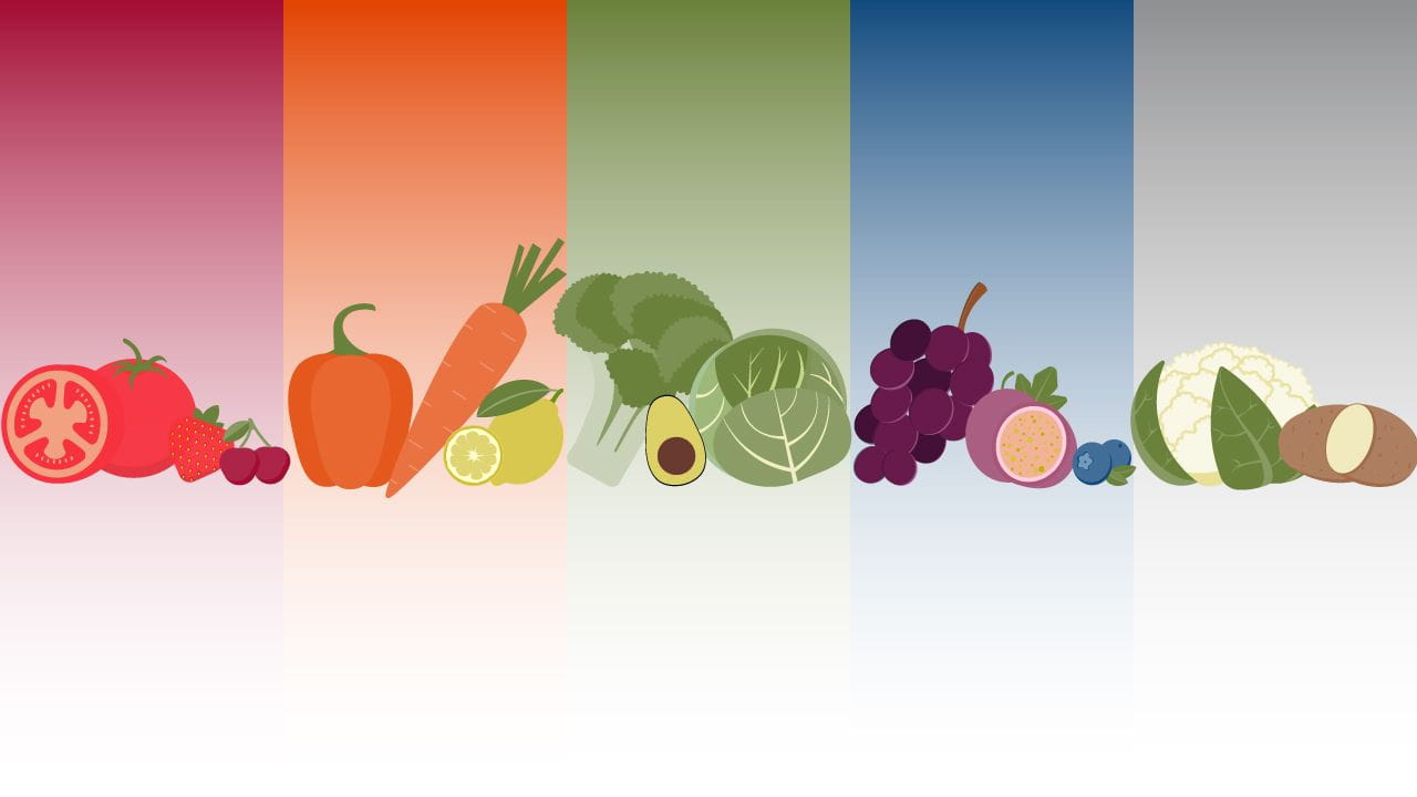 Illustration of colorful fruits and vegetables arranged by color, including tomatoes, carrots, broccoli, grapes, blueberries, cauliflower and potatoes, representing antioxidant-rich foods.