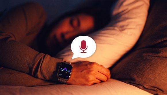 A woman sleeps and tracks her sleep habits using a wearable, a smartwatch on her wrist with an overlay graphic of a podcast microphone.