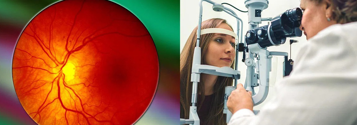 Generic image showing retina on the left and a technician with a patient on the right