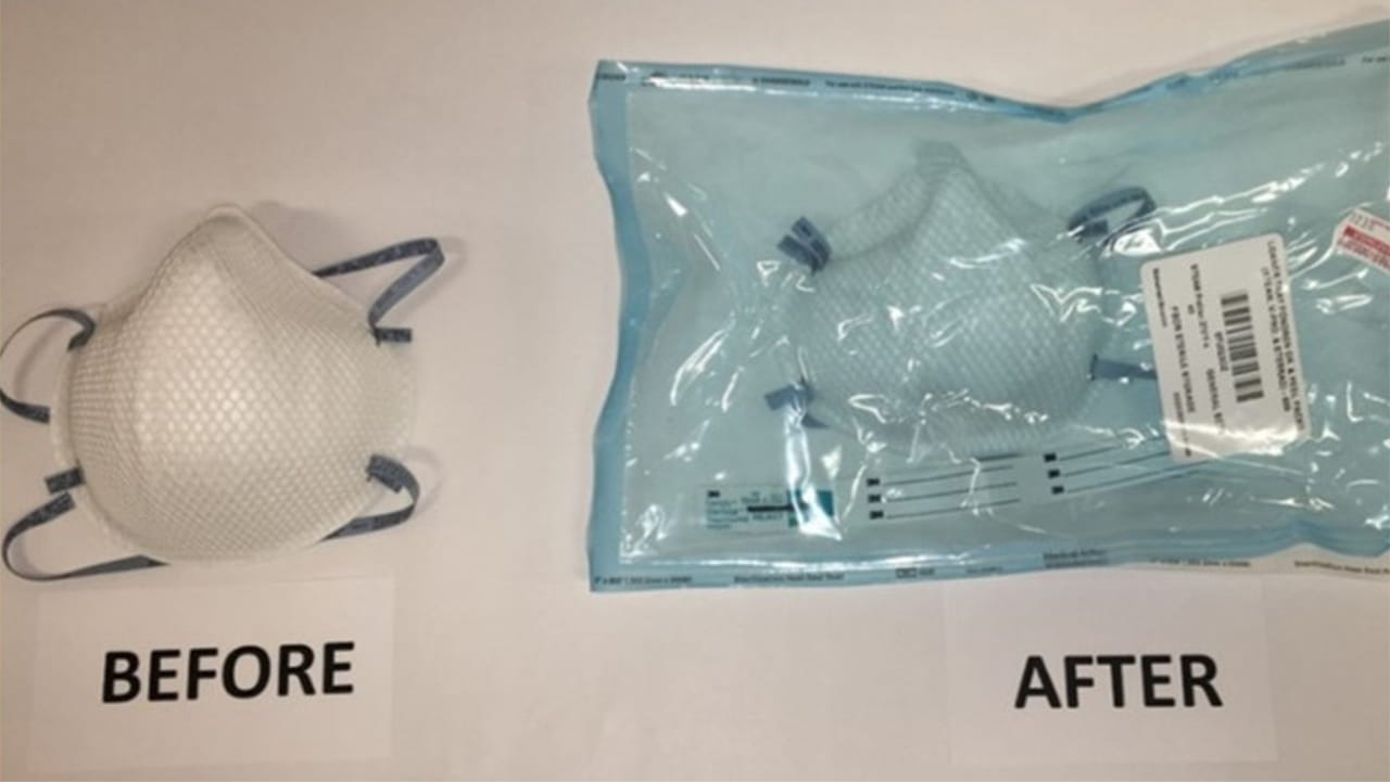 Two N95 masks with before and after results of sterilization using autoclaving.