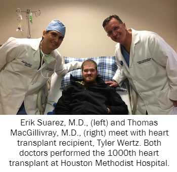 Erik Suarez, M.D., (left) and Thomas MacGillivray, M.D., (right) meet with heart transplant recipient, Tyler Wertz. Both doctors performed the 1000th heart transplant at Houston Methodist Hospital.