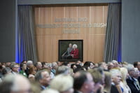 Portrait of Barbara and President George H.W. Bush is unveiled at the naming ceremony for the Barbara and President George H.W. Bush Atrium at the new Walter Tower at Houston Methodist Hospital.