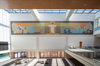 The recently restored 1963 “Extending Arms of Christ” mosaic was relocated from the Fannin Street entrance of Houston Methodist Hospital to the Barbara and President George H.W. Bush Atrium in Walter Tower.