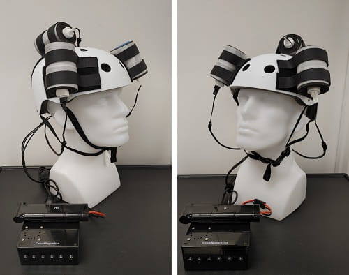 Device helmet with 3 oncoscillators attached. They are connected to a controller box powers by a rechargeable battery.