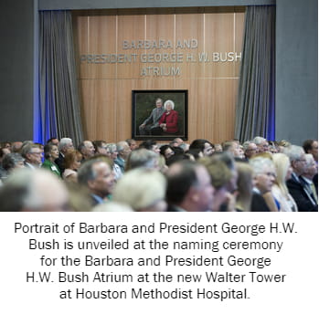 Portrait of Barbara and President George H.W. Bush is unveiled at the naming ceremony for the Barbara and President George H.W. Bush Atrium at the new Walter Tower at Houston Methodist Hospital.