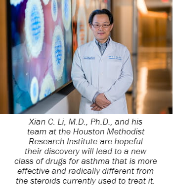 Xian C. Li, M.D., Ph.D., and his team at the Houston Methodist Research Institute are hopeful their discovery will lead to a new class of drugs for asthma that is more effective and radically different from the steroids currently used to treat it. 