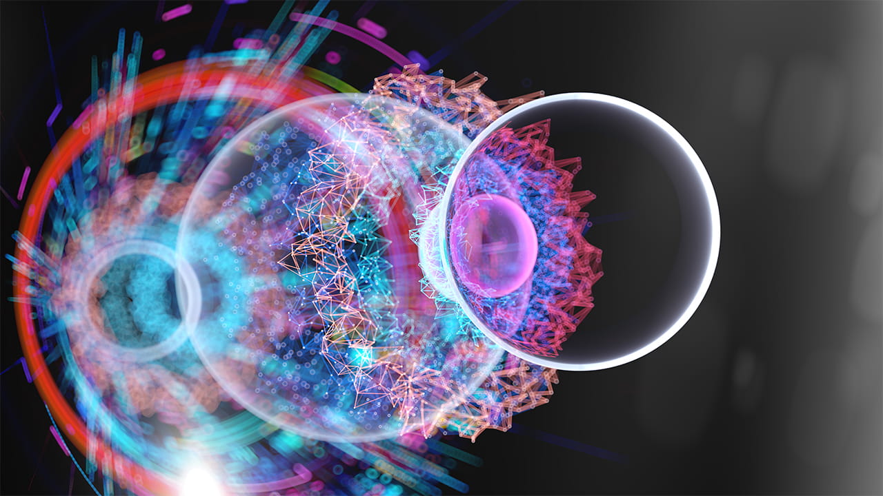A graphic rendering of multiple circles and colored lines representing cellular data and information contained within cells.