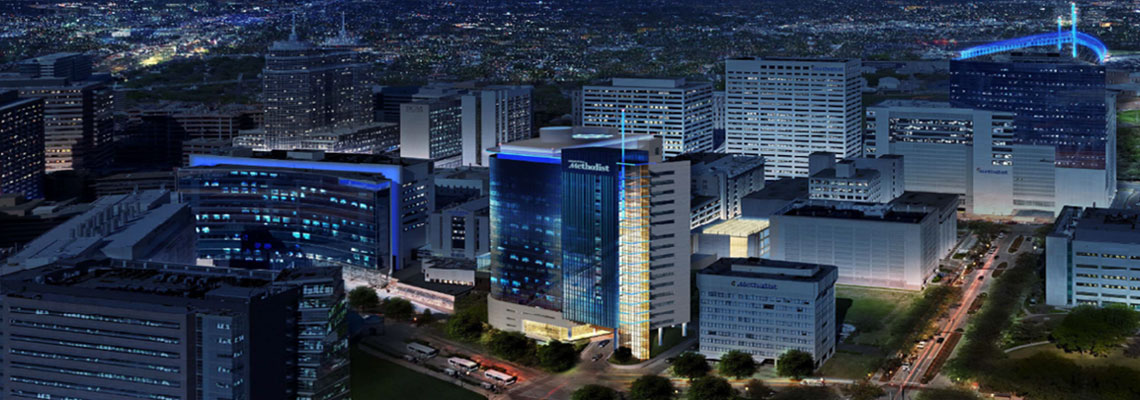 Architectual digital drawing of the Houston Methodist Hospital campus at dusk