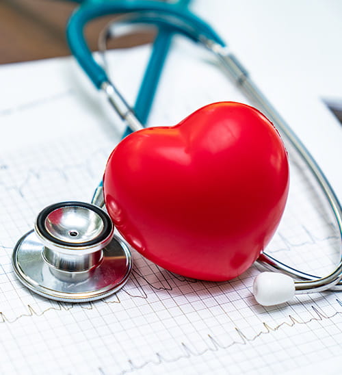Close-up of a red heart model and a stethoscope placed on an electrocardiogram (ECG) chart, symbolizing cardiac testing and heart health.