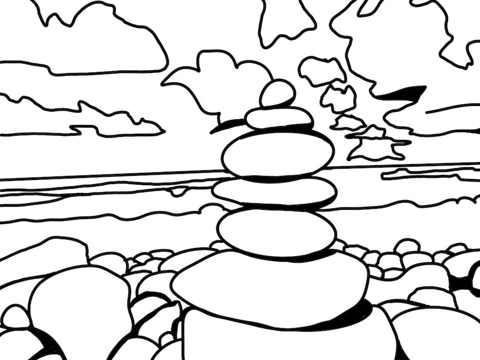 black and white coloring book imagery featuring rocks, water, and clouds